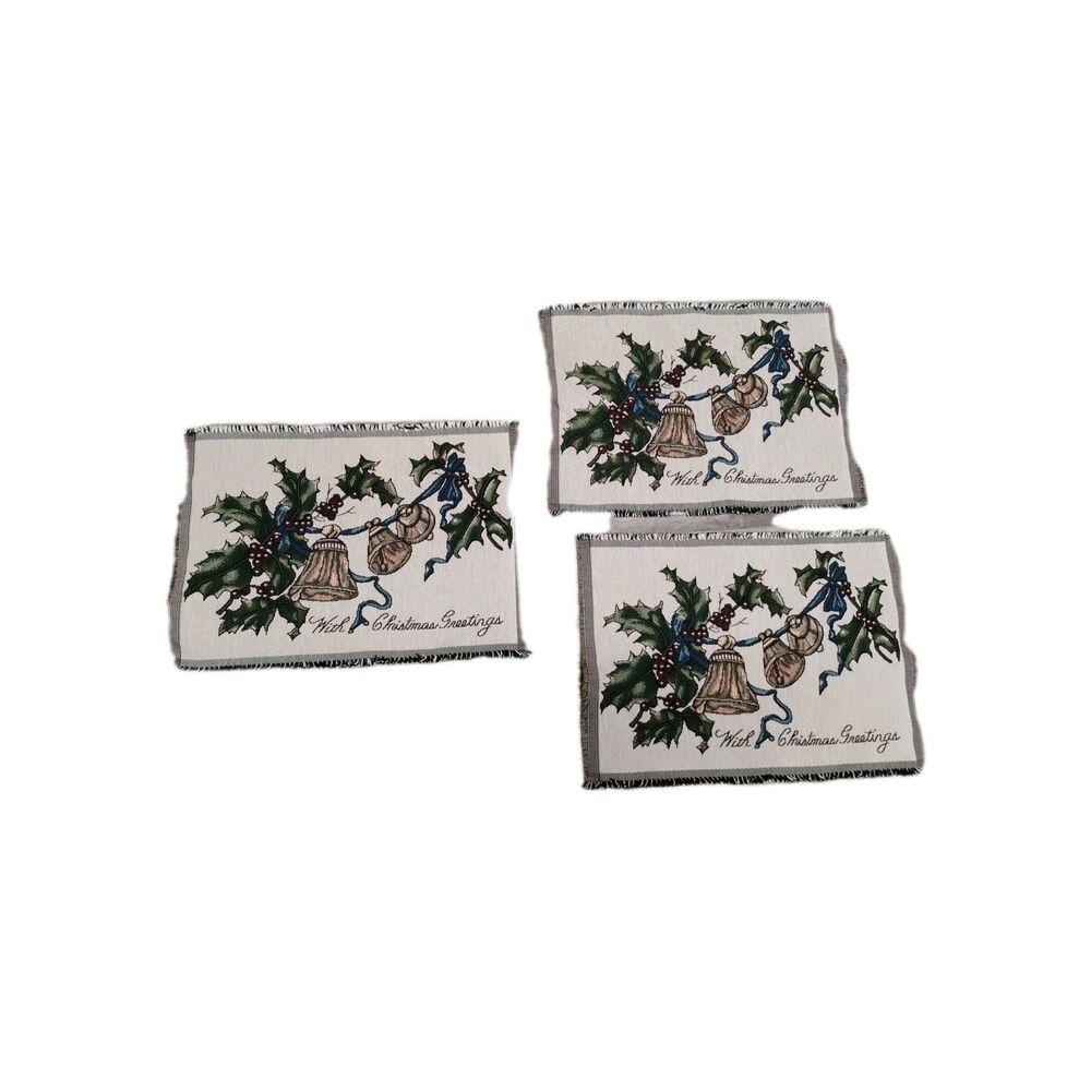 Vintage Set Of 3 Tapestry Style Placemats Bells Christmas